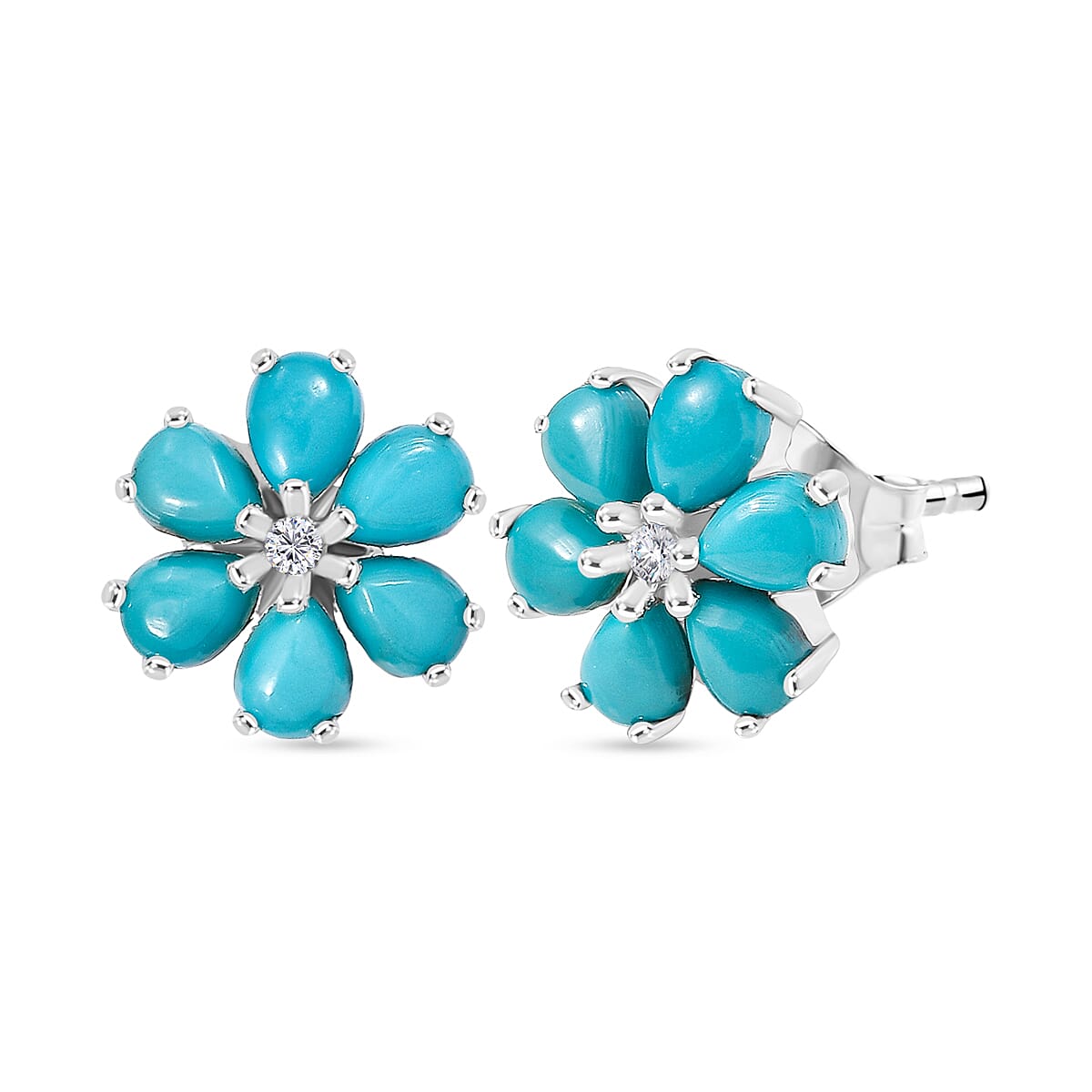 D'joy Sleeping Beauty Turquoise &amp; White Zircon Earring with Push Back in Platinum Overlay Sterling Silver 1.85 Ct. 8213792 0