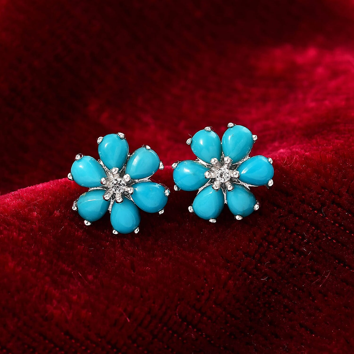 D'joy Sleeping Beauty Turquoise &amp; White Zircon Earring with Push Back in Platinum Overlay Sterling Silver 1.85 Ct. 8213792 2