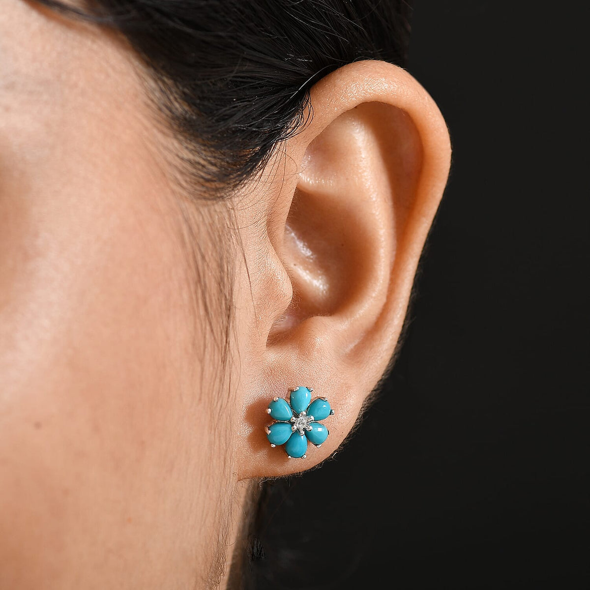 D'joy Sleeping Beauty Turquoise &amp; White Zircon Earring with Push Back in Platinum Overlay Sterling Silver 1.85 Ct. 8213792 3