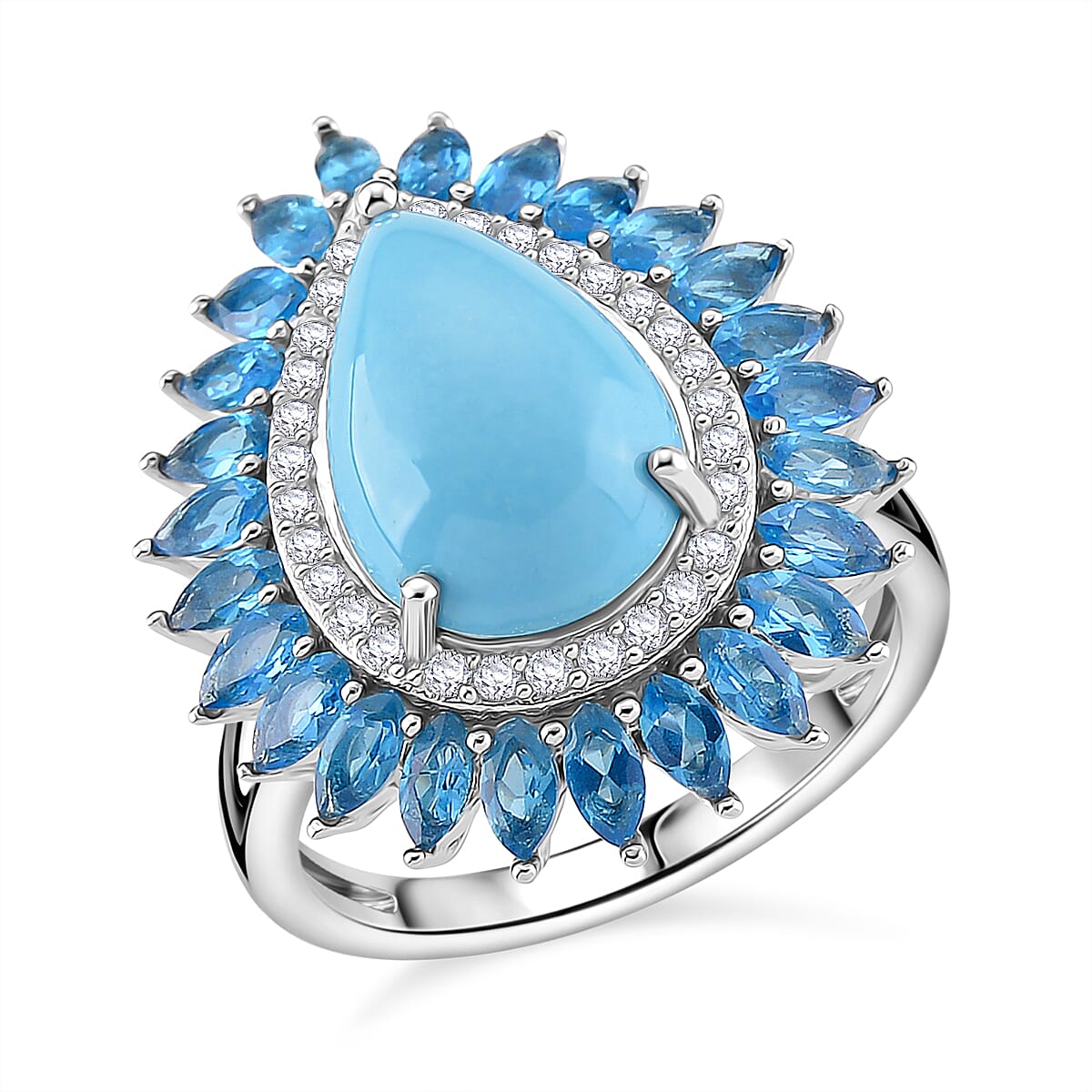 D'joy Sleeping Beauty Turquoise, White Zircon &amp; Neon Apatite Ring in Rhodium Overlay Sterling Silver 6.96 Ct. 8207722 0