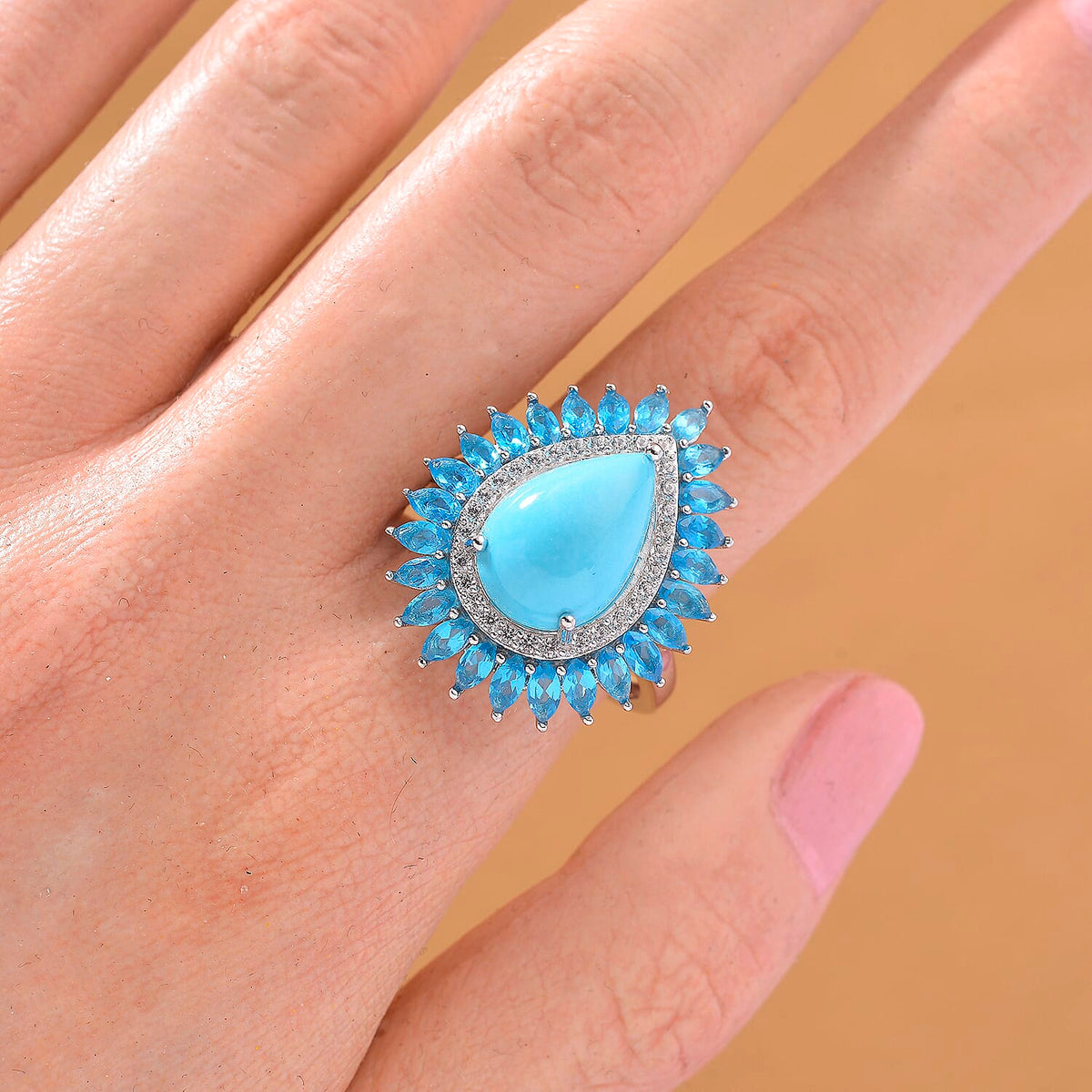 D'joy Sleeping Beauty Turquoise, White Zircon &amp; Neon Apatite Ring in Rhodium Overlay Sterling Silver 6.96 Ct. 8207722 1