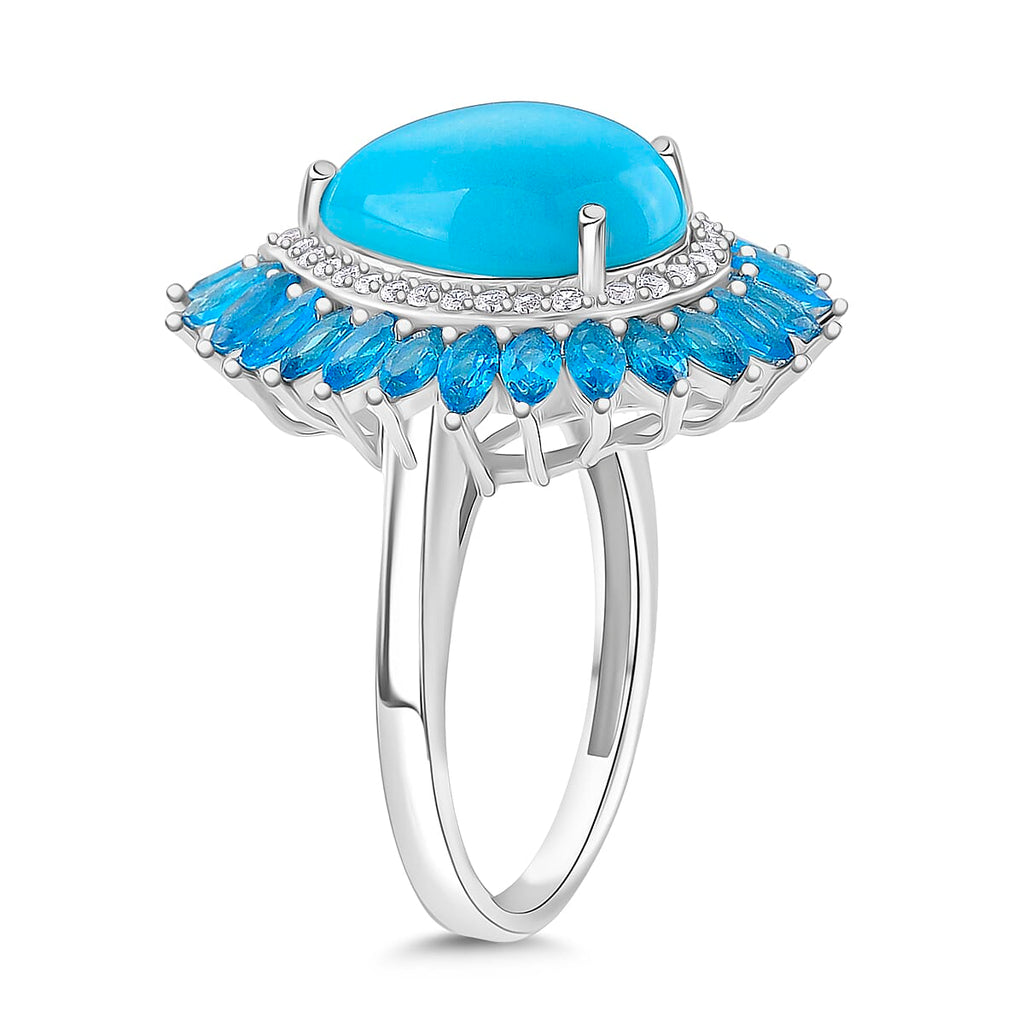 D'joy Sleeping Beauty Turquoise, White Zircon & Neon Apatite Ring in Rhodium Overlay Sterling Silver 6.96 Ct.