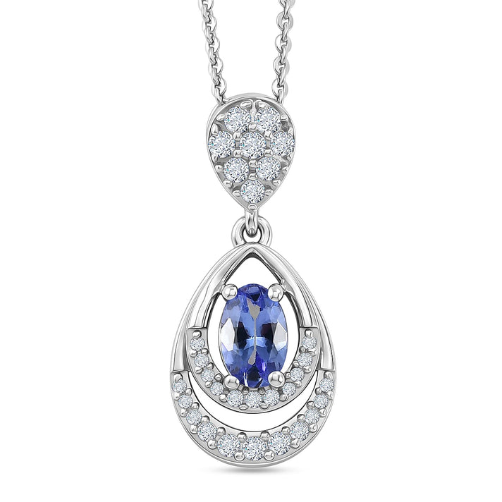 D'joy - Tanzanite &amp; White Zircon Teardrop Solitaire Pendant with Chain (Size 20) in Rhodium Overlay Sterling Silver 4476894 1