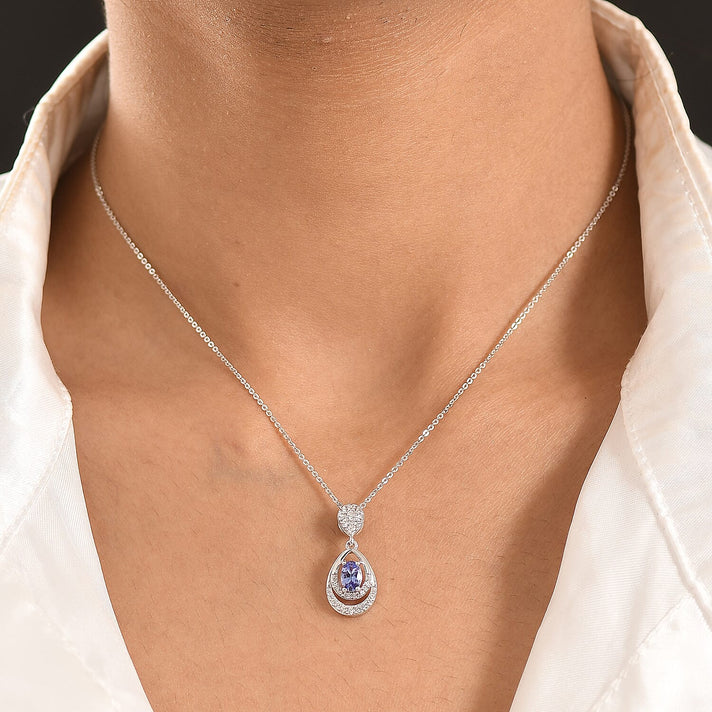 D'joy - Tanzanite &amp; White Zircon Teardrop Solitaire Pendant with Chain (Size 20) in Rhodium Overlay Sterling Silver 4476894 2