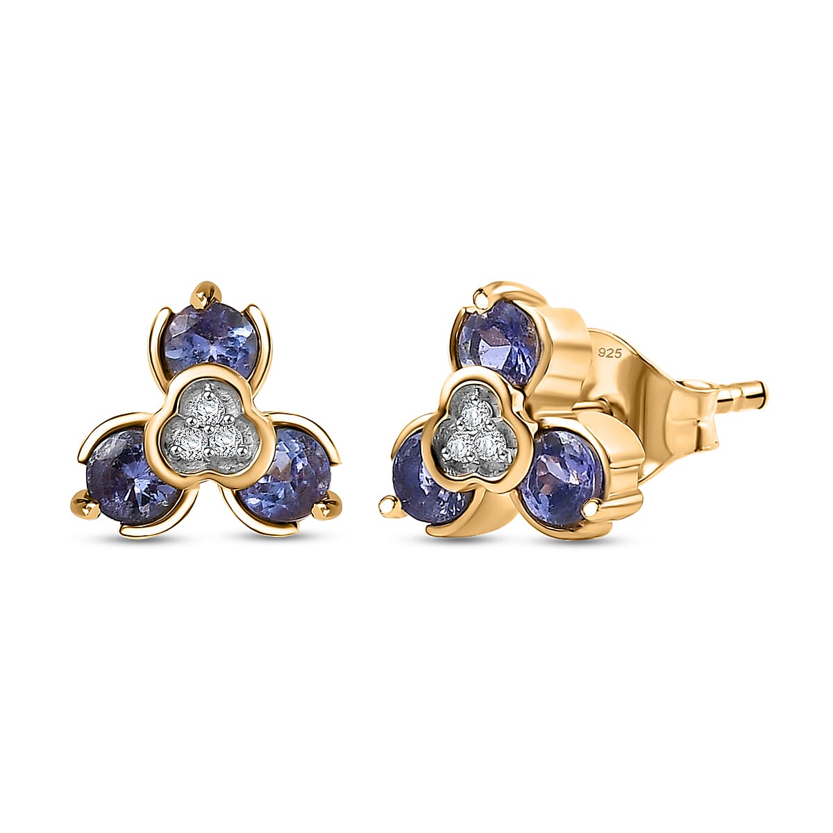 D'joy Tanzanite, White Zircon Trilogy Stud Push Post Earring in Yellow Gold Over Sterling Silver 8225422 0