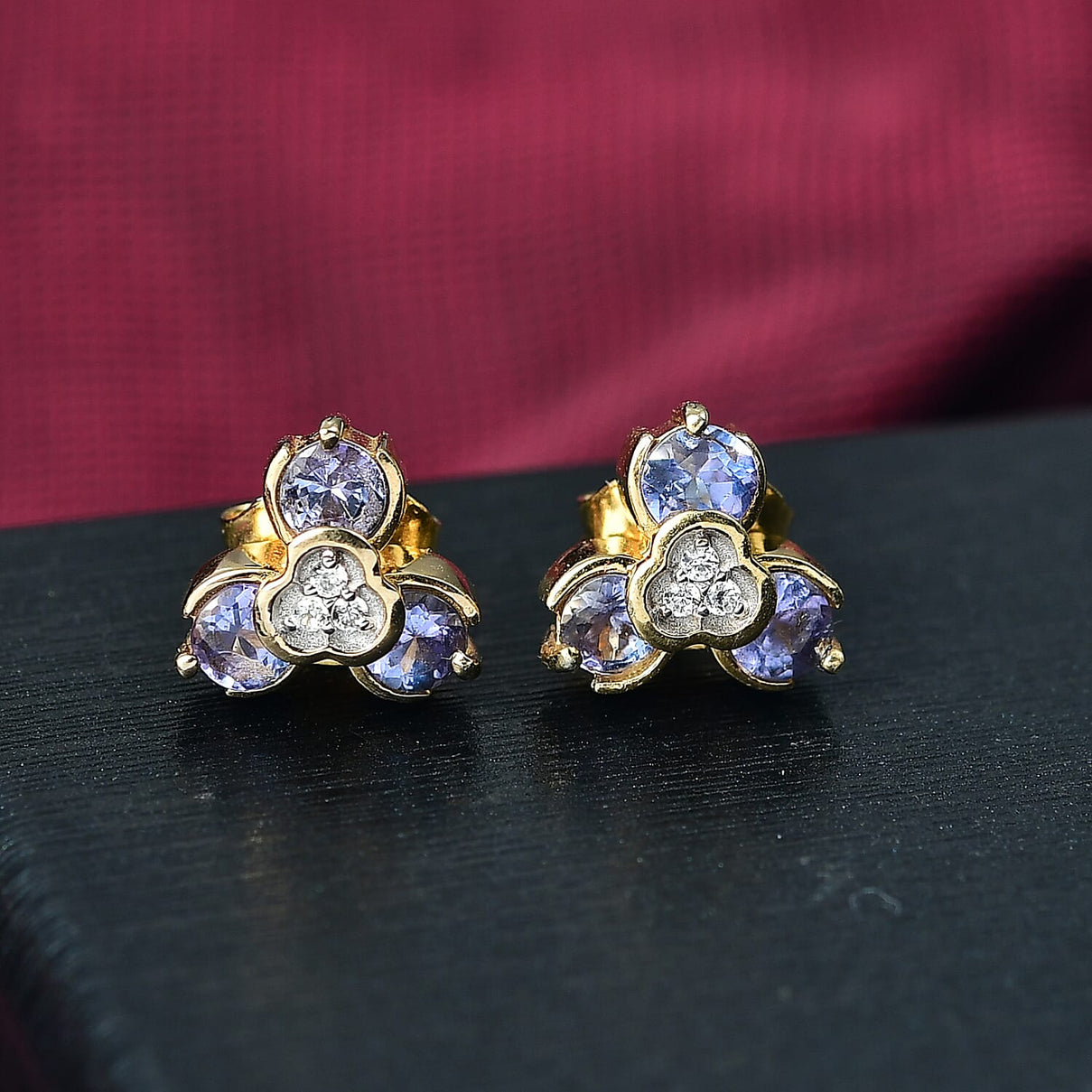 D'joy Tanzanite, White Zircon Trilogy Stud Push Post Earring in Yellow Gold Over Sterling Silver 8225422 2