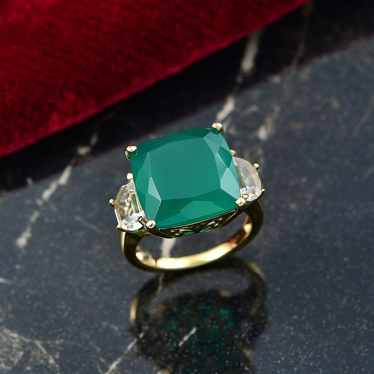 Verde Onyx &amp; White Topaz Trilogy Ring in 14K Yellow Gold Plating Sterling Silver 12.73 Ct. 8212173 1