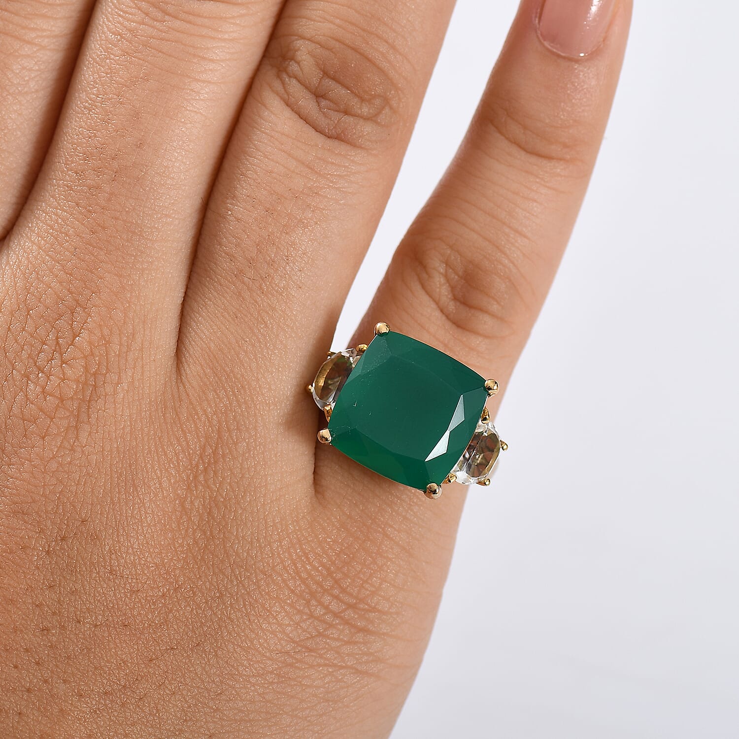 Verde Onyx &amp; White Topaz Trilogy Ring in 14K Yellow Gold Plating Sterling Silver 12.73 Ct. 8212173 2