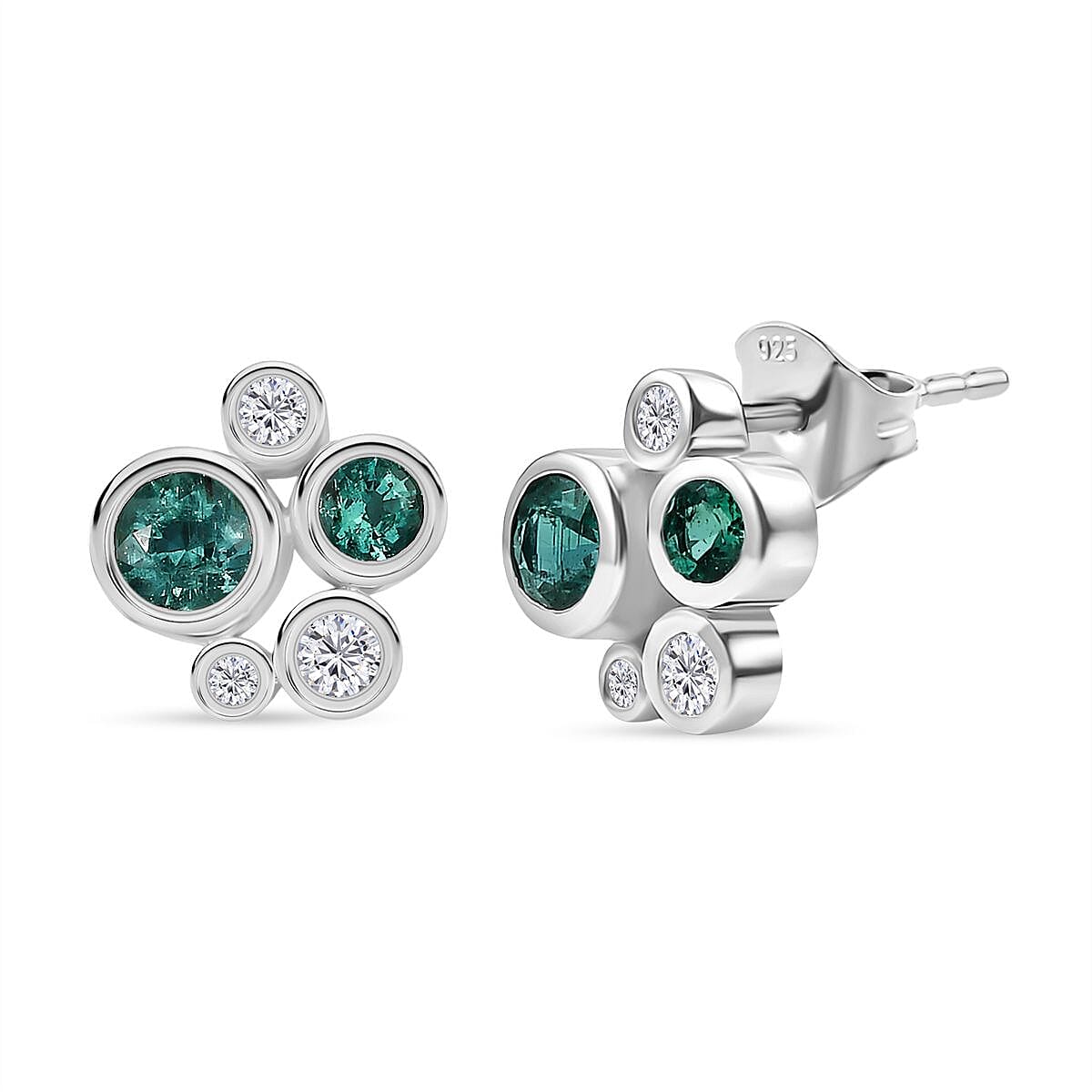 D'joy Zambian Emerald, White Zircon Bubble Earring with Push Back in Rhodium Overlay Sterling Silver 1 Ct. 8224463 0
