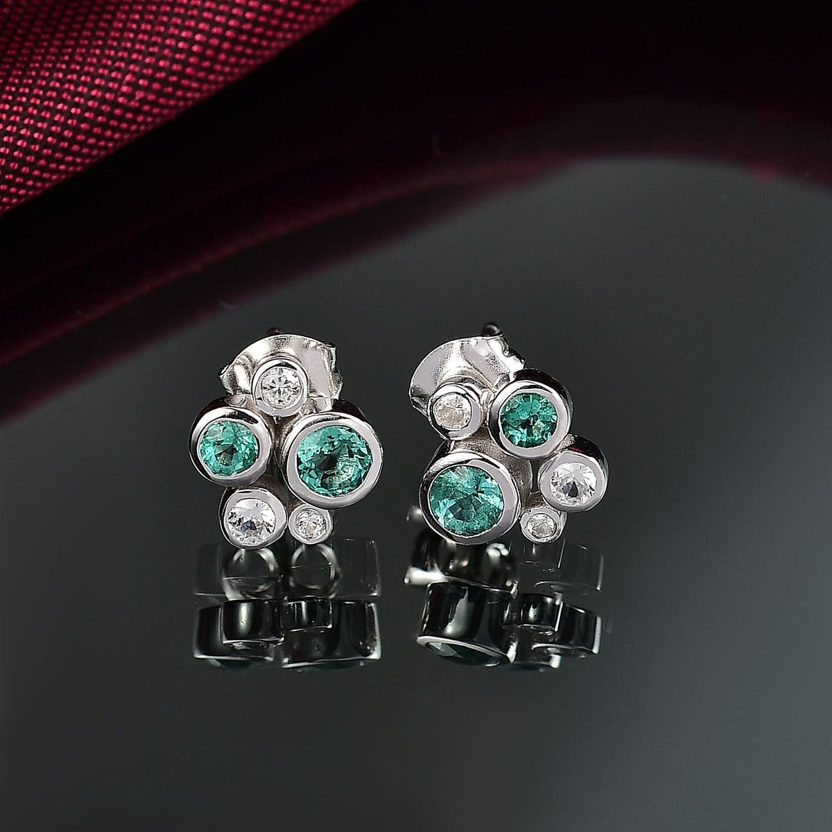 D'joy Zambian Emerald, White Zircon Bubble Earring with Push Back in Rhodium Overlay Sterling Silver 1 Ct. 8224463 2