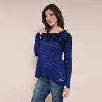 DESIGUAL Floral Embroidery Long Sleeve T-Shirt (Size Large) - Navy