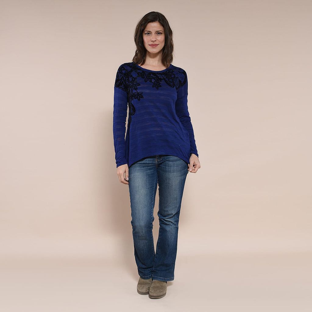 DESIGUAL Floral Embroidery Long Sleeve T-Shirt (Size Large) - Navy