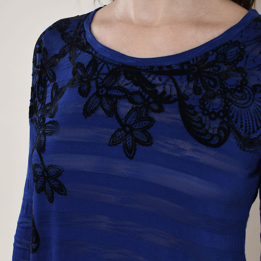 DESIGUAL Floral Embroidery Long Sleeve T-Shirt (Size Large) - Navy