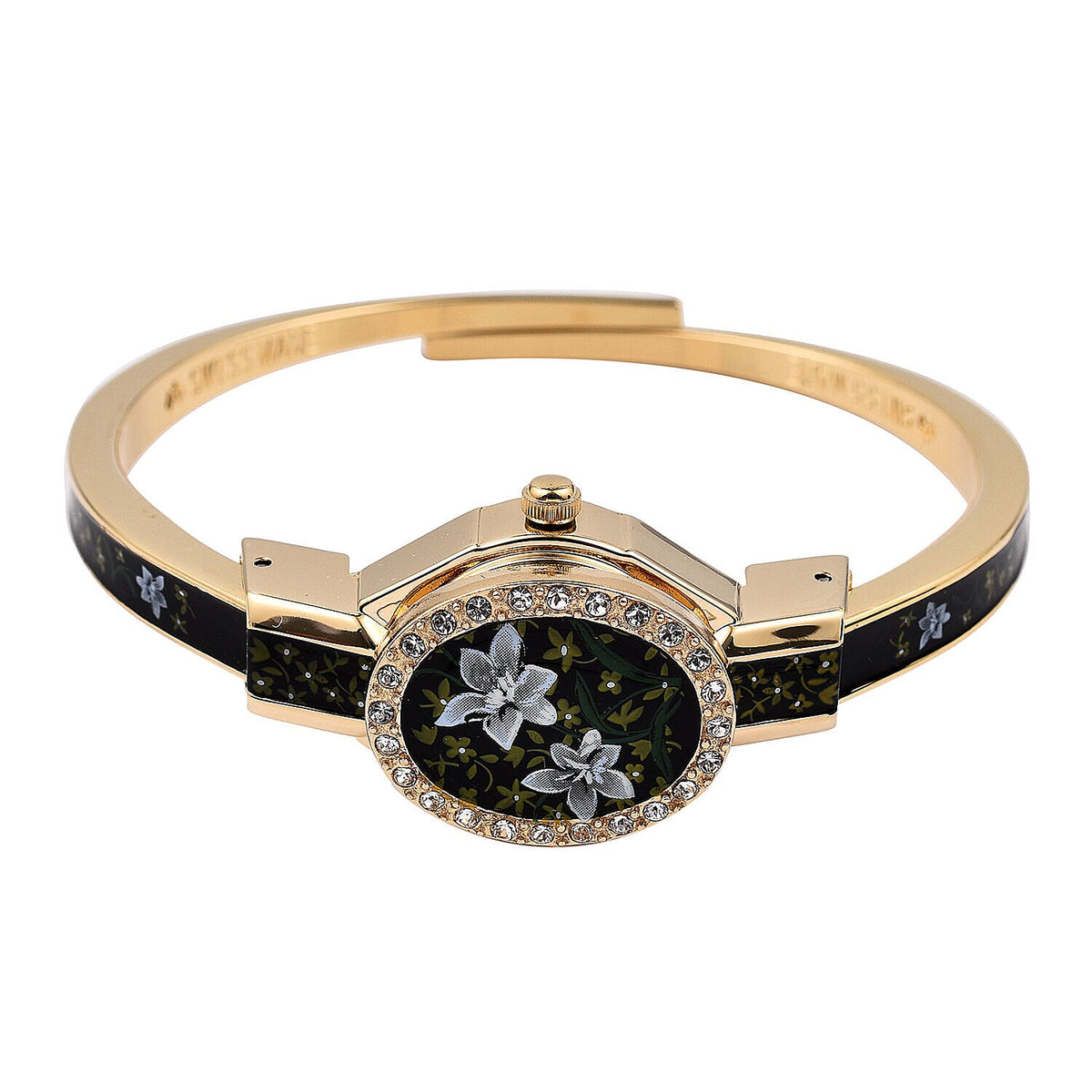 Andre Mouche Swiss Ronda Movement White Floral Pattern18ct Gold Plated Ladies Bangle Watch (Size 7 - 7.5) 7283396 0