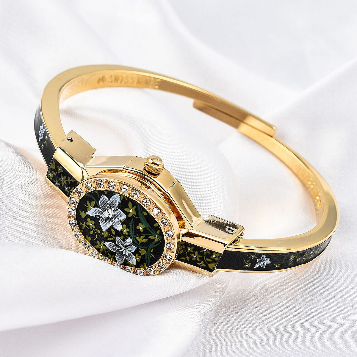 Andre Mouche Swiss Ronda Movement White Floral Pattern18ct Gold Plated Ladies Bangle Watch (Size 7 - 7.5) 7283396 1