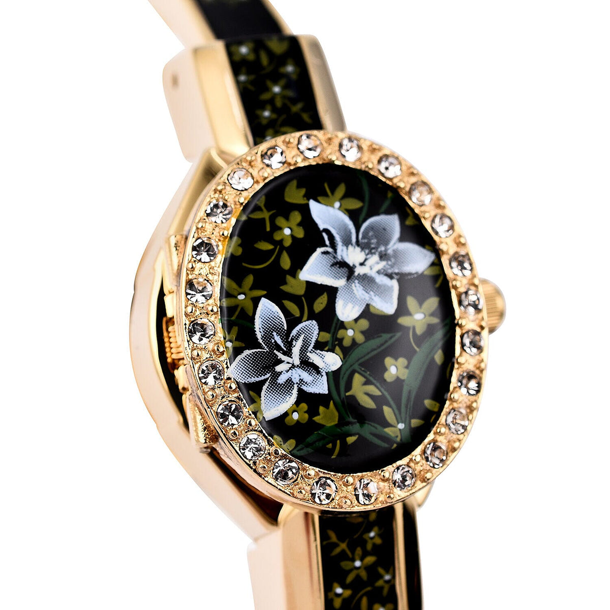 Andre Mouche Swiss Ronda Movement White Floral Pattern18ct Gold Plated Ladies Bangle Watch (Size 7 - 7.5) 7283396 2