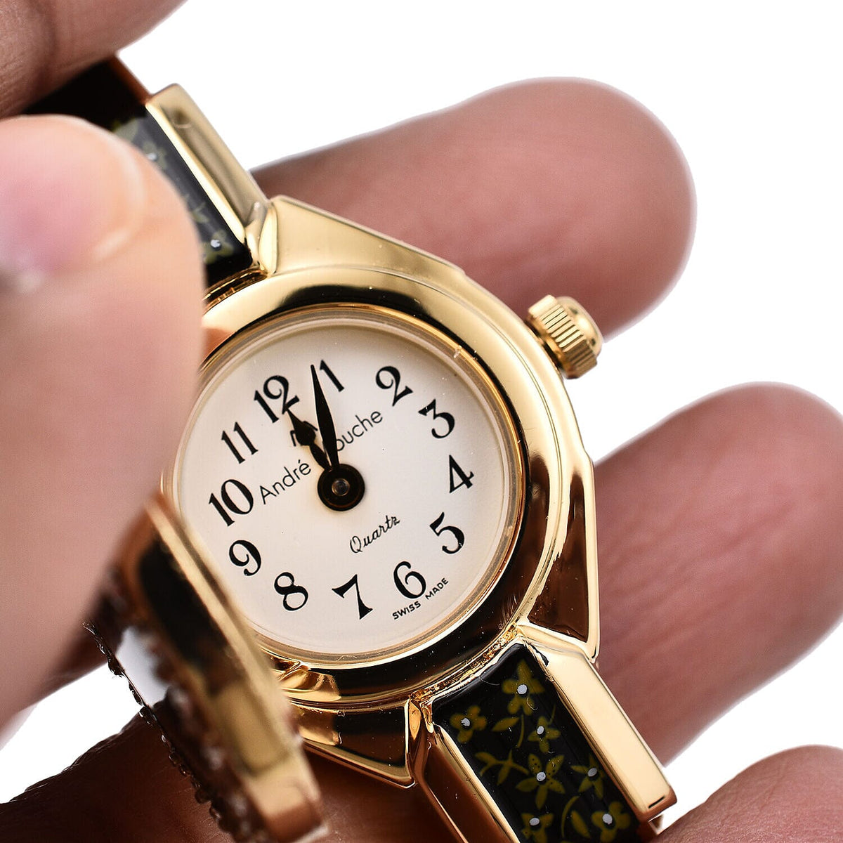 Andre Mouche Swiss Ronda Movement White Floral Pattern18ct Gold Plated Ladies Bangle Watch (Size 7 - 7.5) 7283396 6