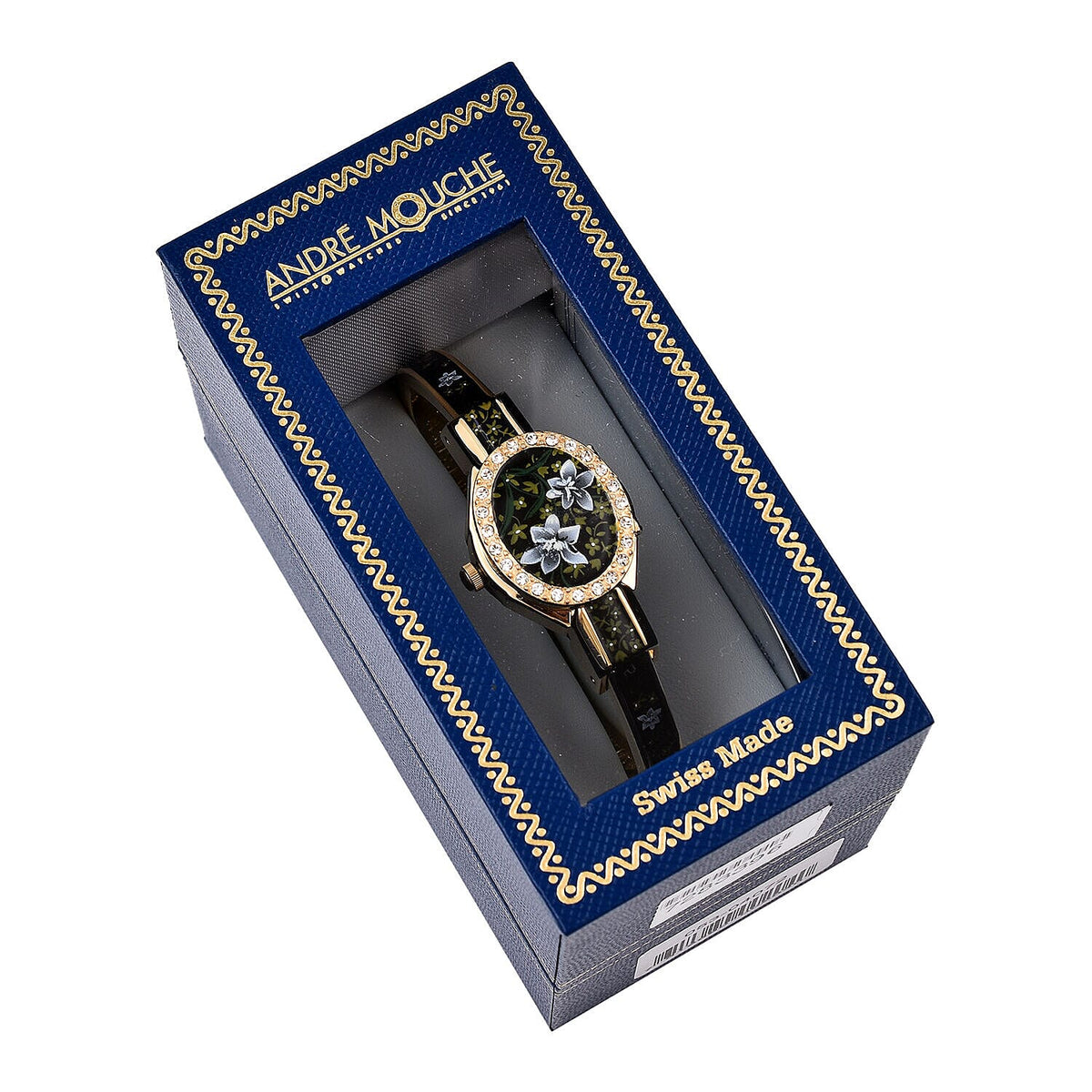 Andre Mouche Swiss Ronda Movement White Floral Pattern18ct Gold Plated Ladies Bangle Watch (Size 7 - 7.5) 7283396 7