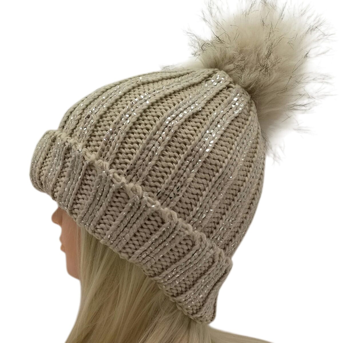 DOD - Plush Fleece Lined Faux Fur Pom Pom Hat - Off-White 8296509 0