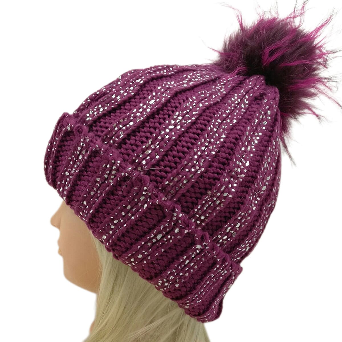 DOD- Plush Fleece Lined Faux Fur Pom Pom Hat - Purple 8296512 0