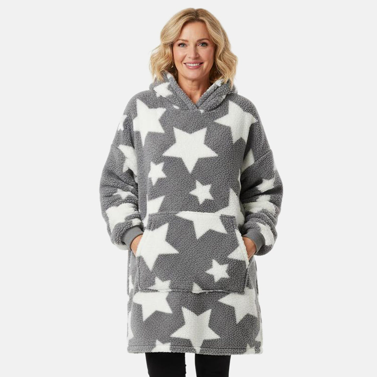 DOD - SLUMBER HUT Soft Sherpa Style White Star Print Hoodie (One Size) - Grey 8319787 0