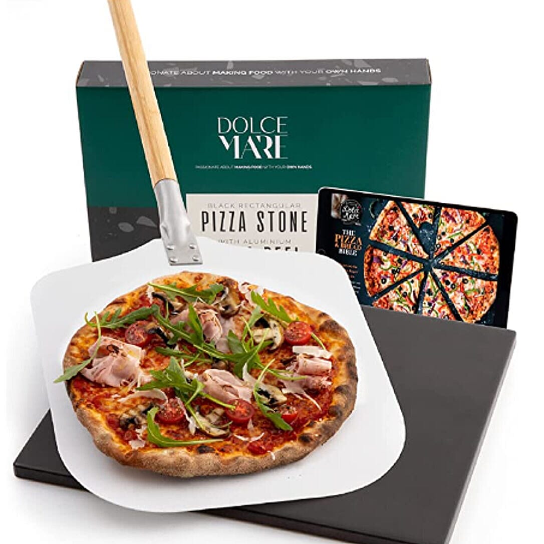 DOLCE MARE Pizza Stone Black - Pizza Stone Made of high-Quality Cordierite for The Oven &amp; Grill with Aluminum Paddle 7486290 0