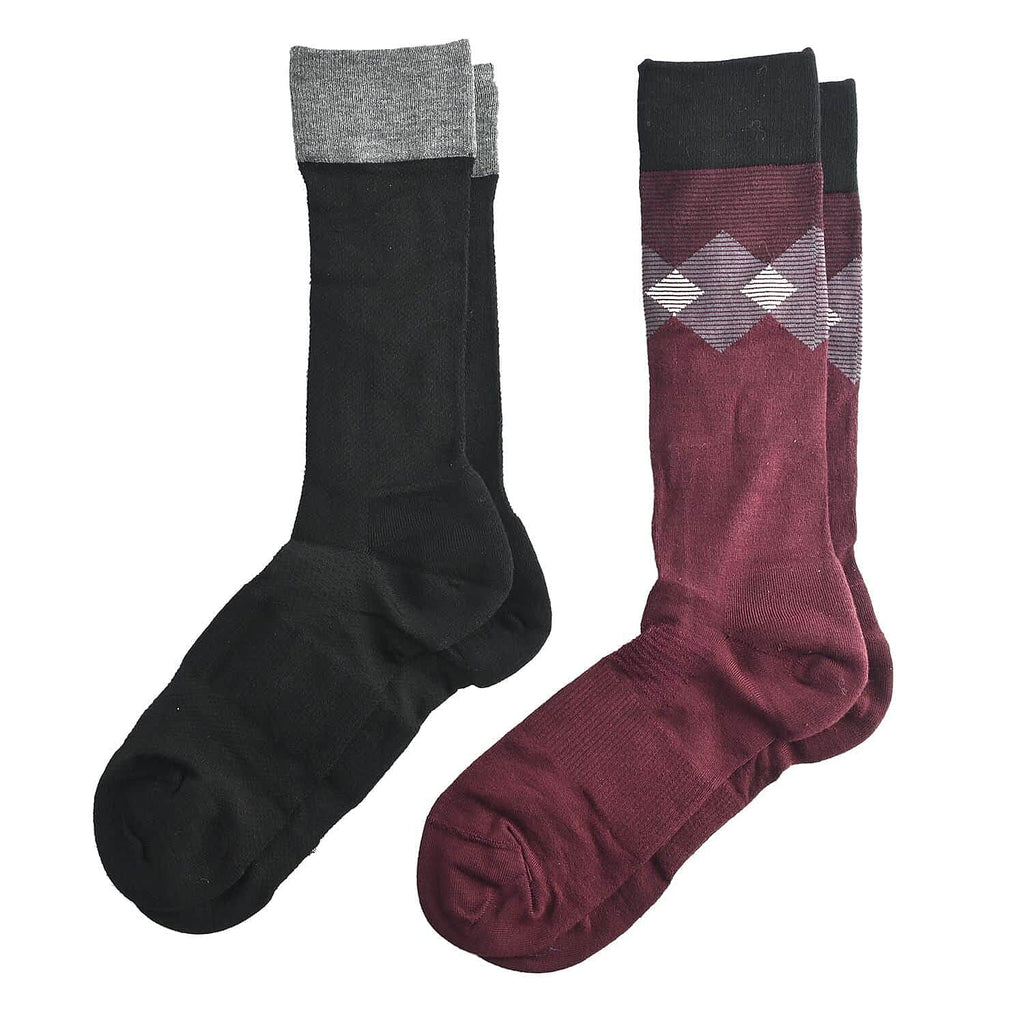 Dr. Scholls Mens 2 Pair Micro Pattern Dress Crew Socks (Size 7-12) - Burgundy & Black