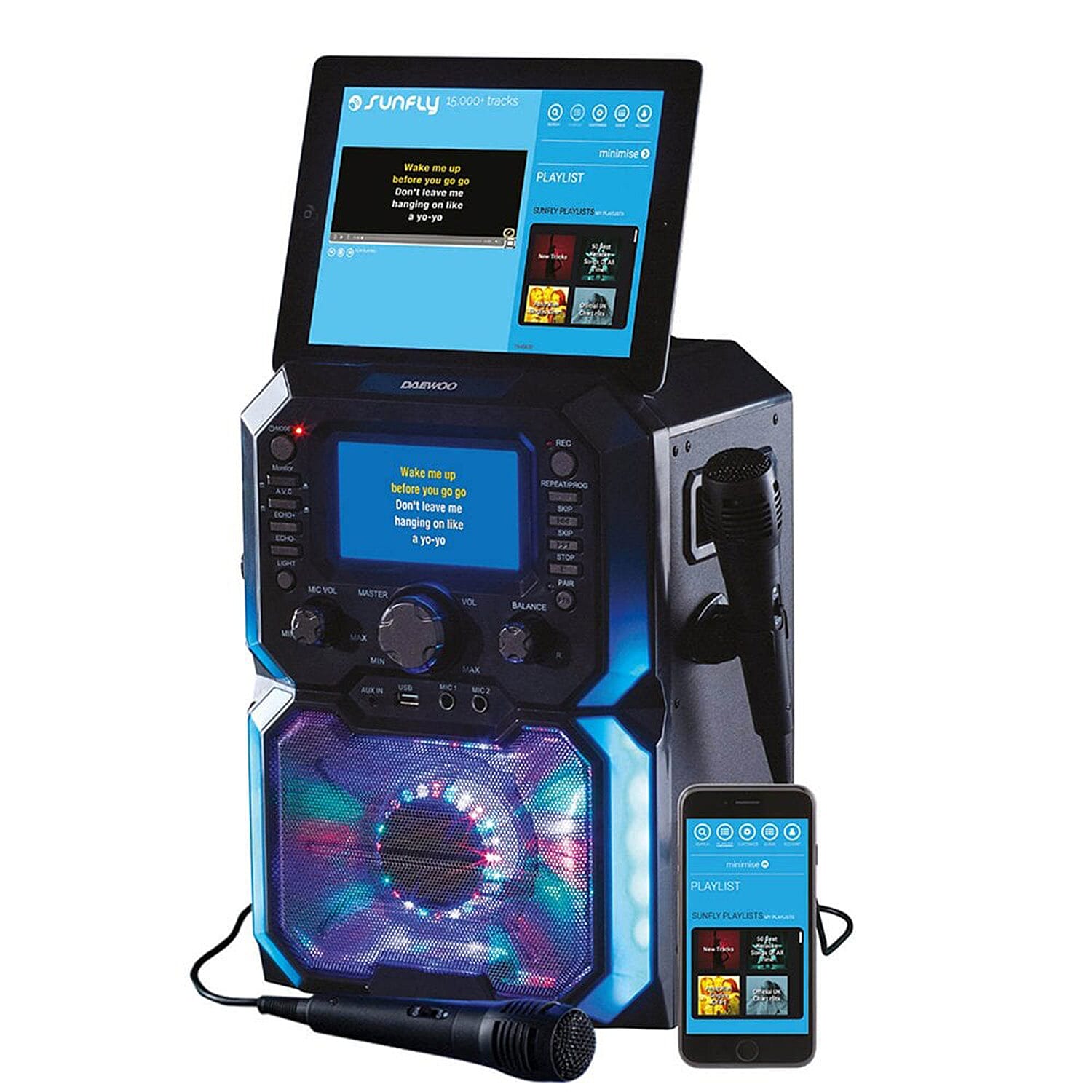 Daewoo Bluetooth Karaoke Machine with Built in 5 inch LED Light Display, 2 Mics, CD Player, 2 Karaoke CDs Included. 7844000 0