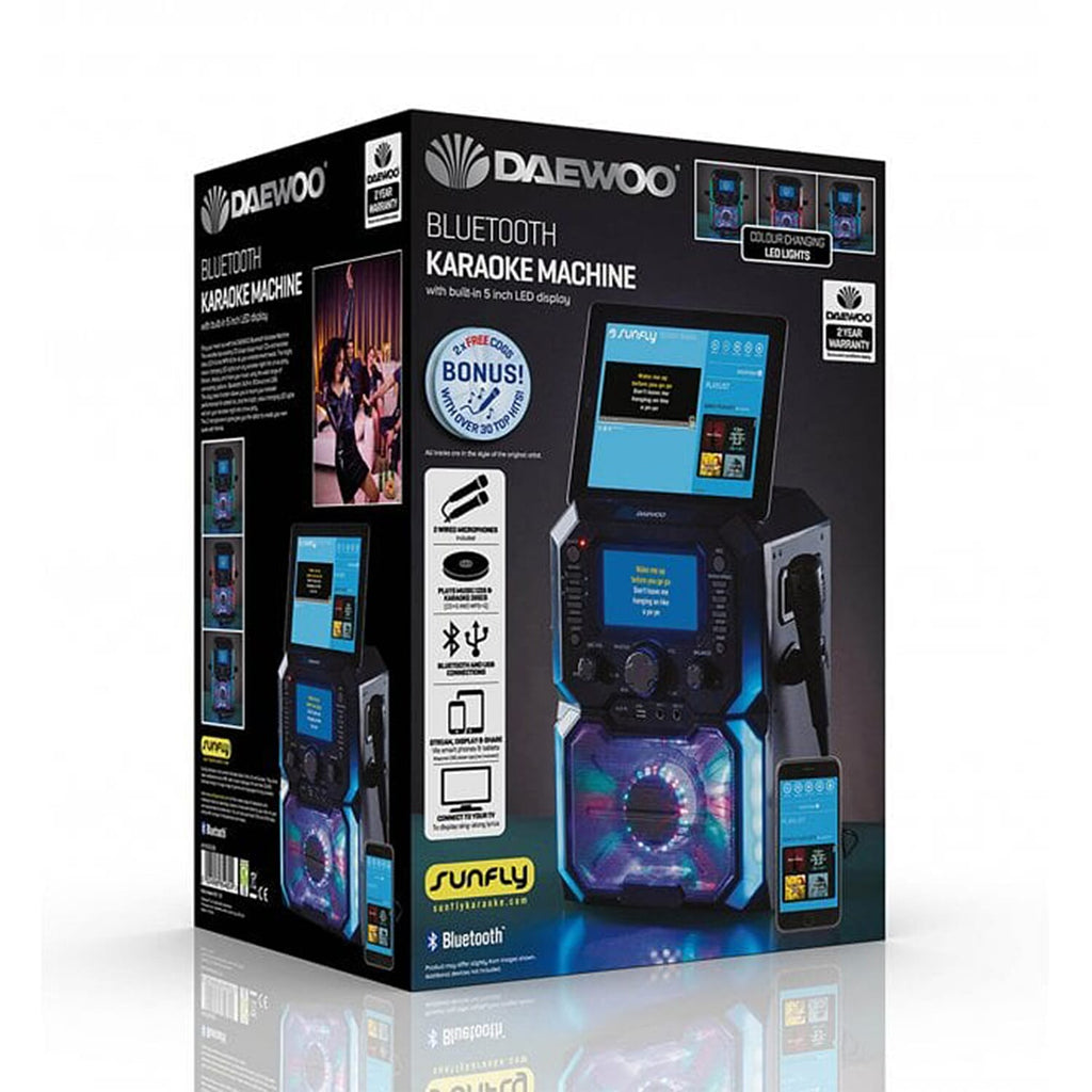 Daewoo Bluetooth Karaoke Machine with Built in 5 inch LED Light Display, 2 Mics, CD Player, 2 Karaoke CDs Included.