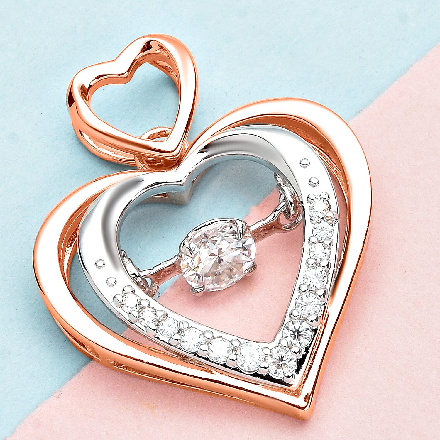 Dancing Concept Moissanite Heart Pendant in Rose Gold and Platinum Plated Sterling Silver 3886682 2