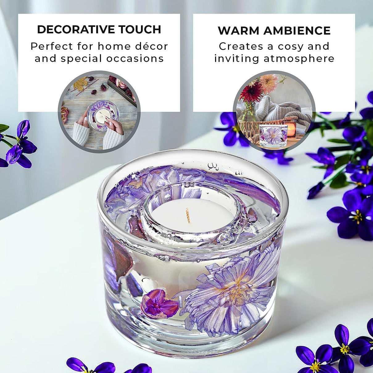 Decorative Gel Candle with Glowing Effect and Embedded Flowers (200gm) - Lavender 7853528 3