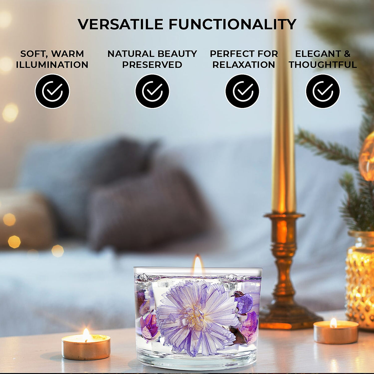 Decorative Gel Candle with Glowing Effect and Embedded Flowers (200gm) - Lavender 7853528 4