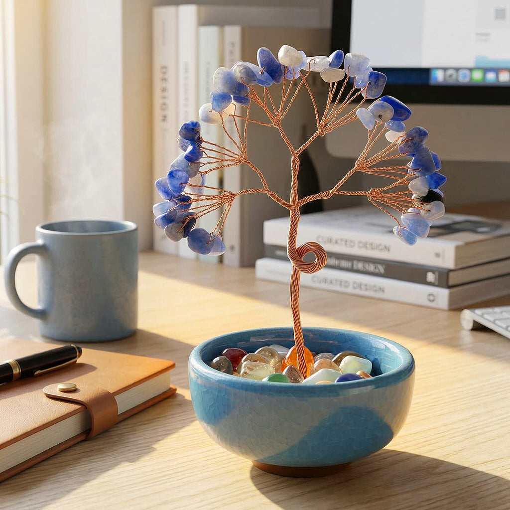 Feng Shui Blue Aventurine Crystal Money Tree Ornament with Ceramic Pot(11cm) - Light Blue