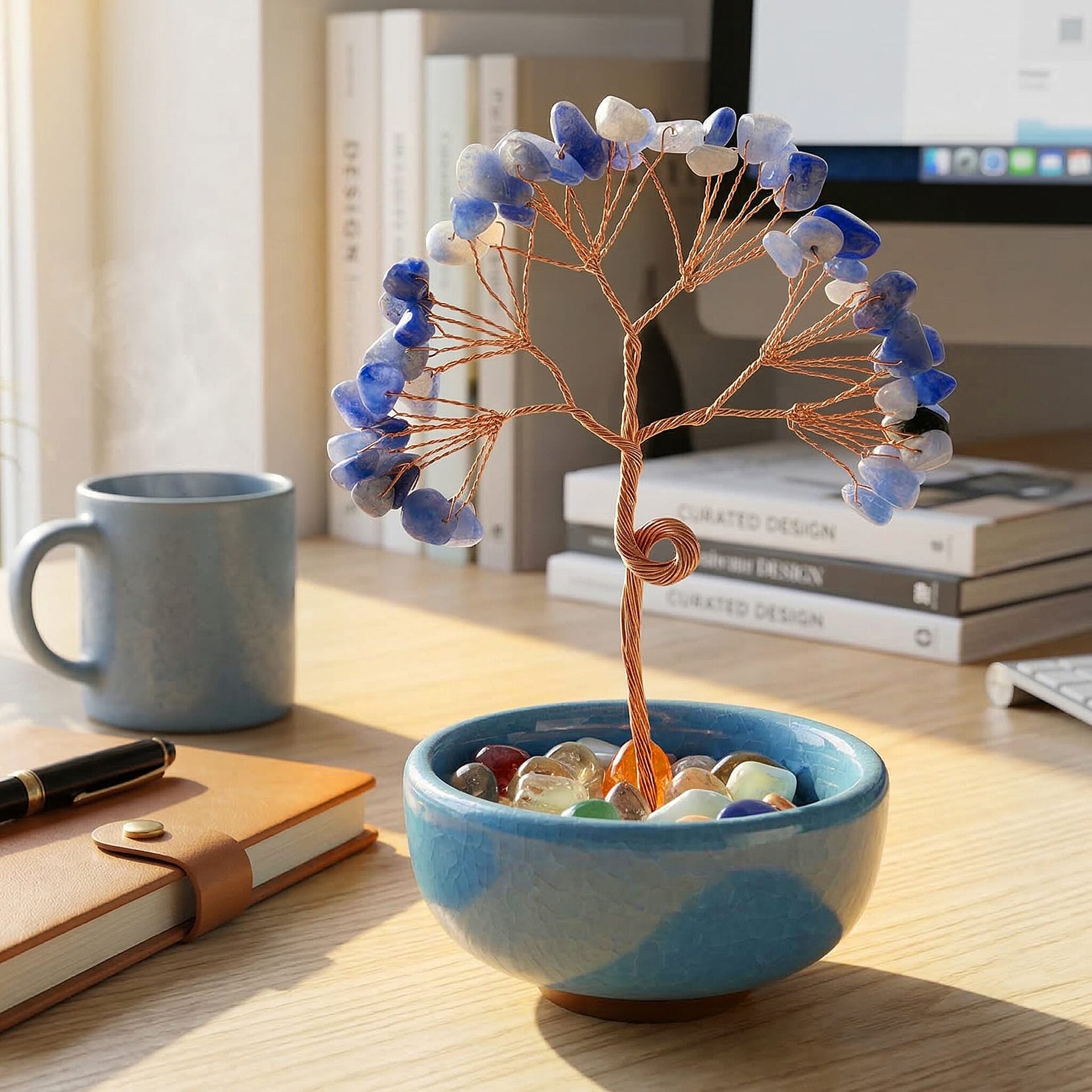 Feng Shui Blue Aventurine Crystal Money Tree Ornament with Ceramic Pot(11cm) - Light Blue V32513459 2