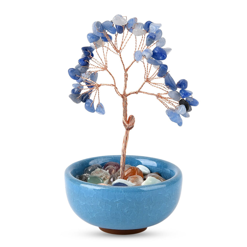 Feng Shui Blue Aventurine Crystal Money Tree Ornament with Ceramic Pot(11cm) - Light Blue
