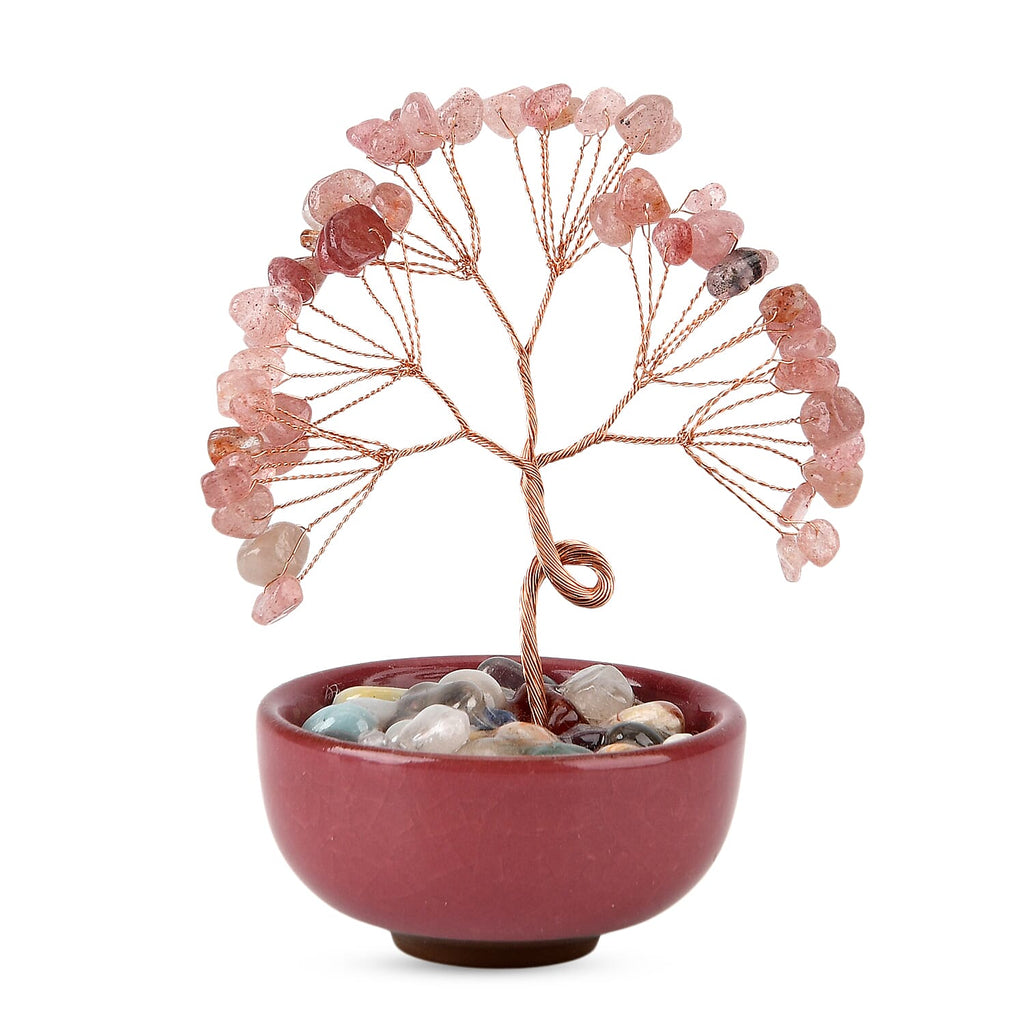 Feng Shui Strawberry Quartz Crystal Money Tree Ornament with Ceramic Pot (11cm) - Rose Red