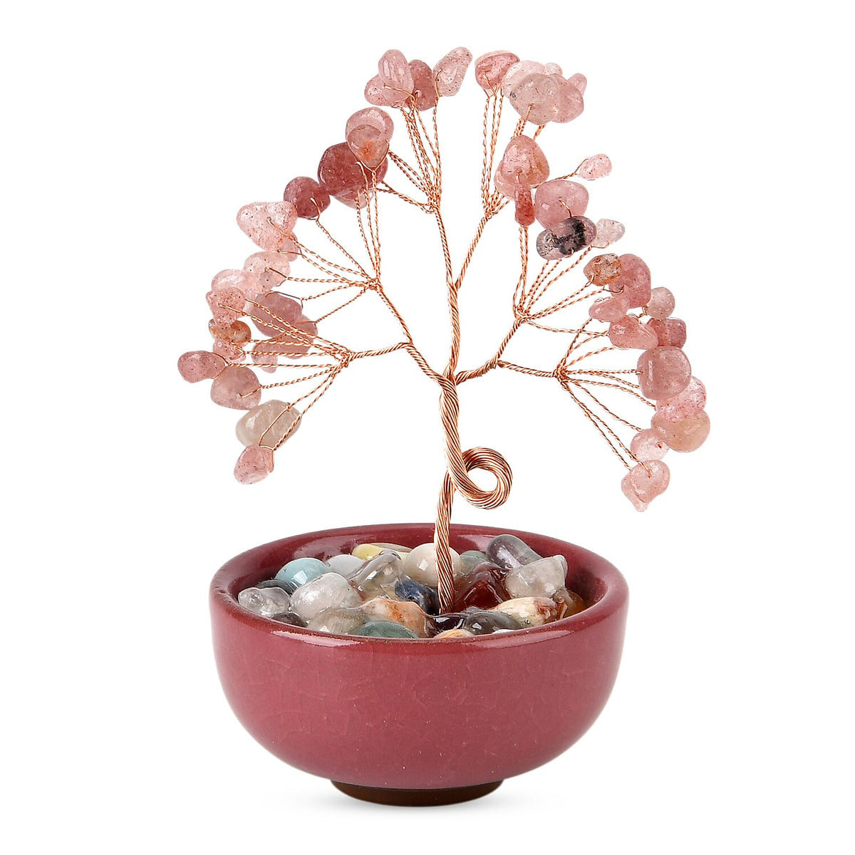 Feng Shui Strawberry Quartz Crystal Money Tree Ornament with Ceramic Pot (11cm) - Rose Red V32513238 3