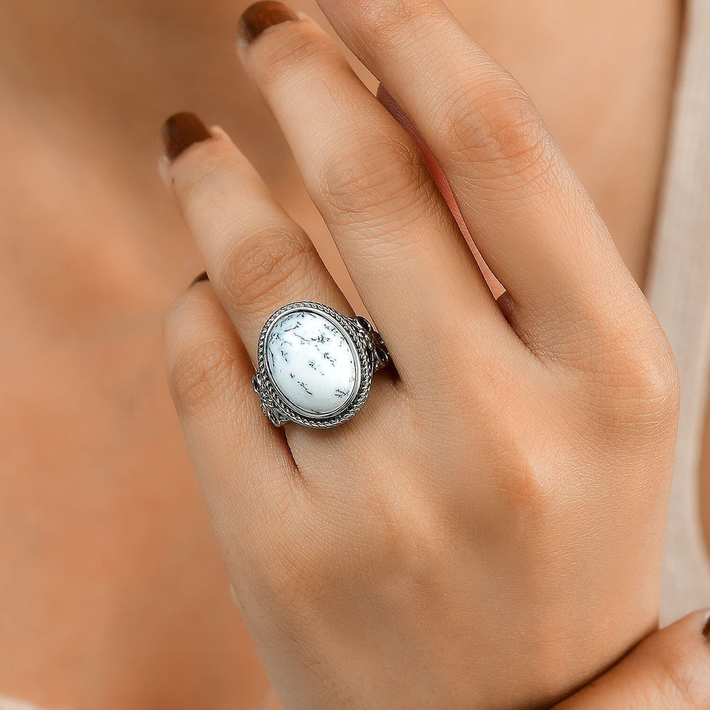 Dendritic Agate Solitaire Ring in Silver Tone 8.61 Ct.