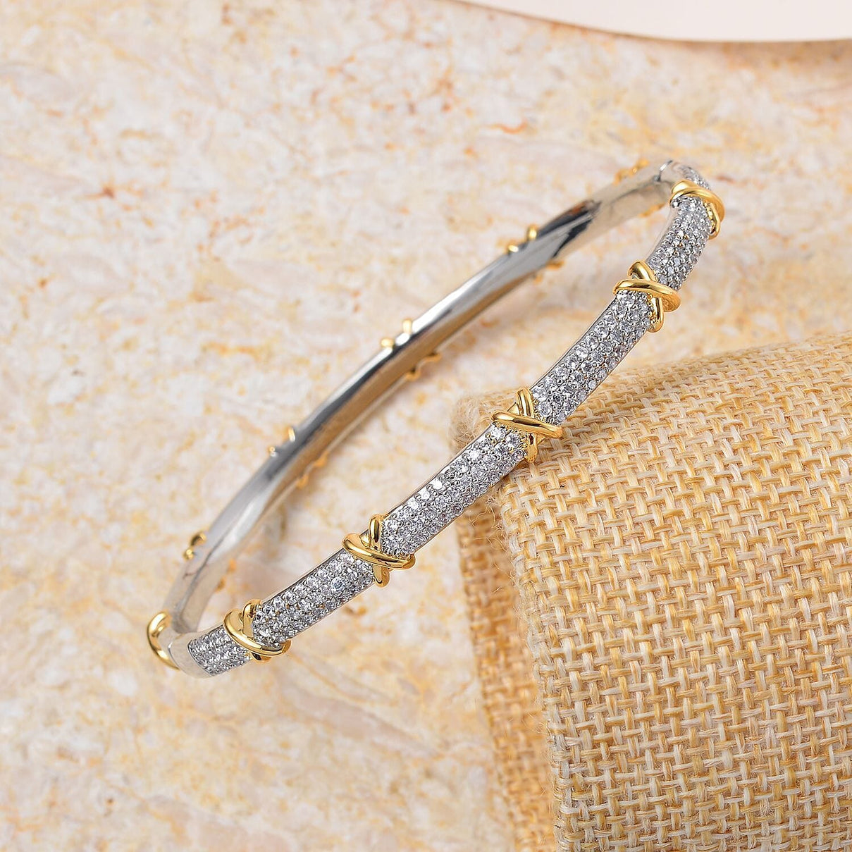 Designer Close Out - Cubic Zirconia Criss Cross Bangle in Yellow tone and Silvertone (Size - 7.5 ) 7779426 2