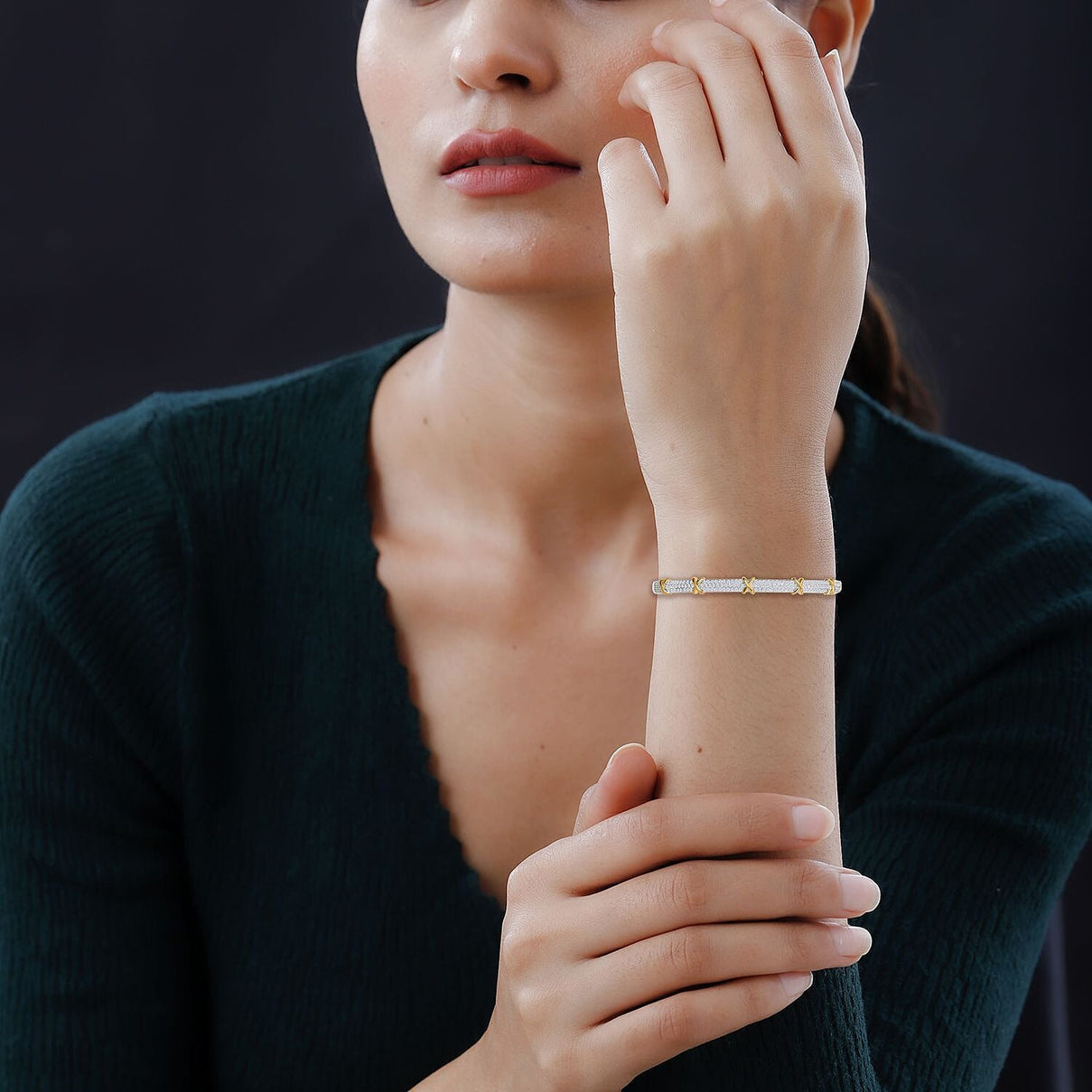 Designer Close Out - Cubic Zirconia Criss Cross Bangle in Yellow tone and Silvertone (Size - 7.5 ) 7779426 3