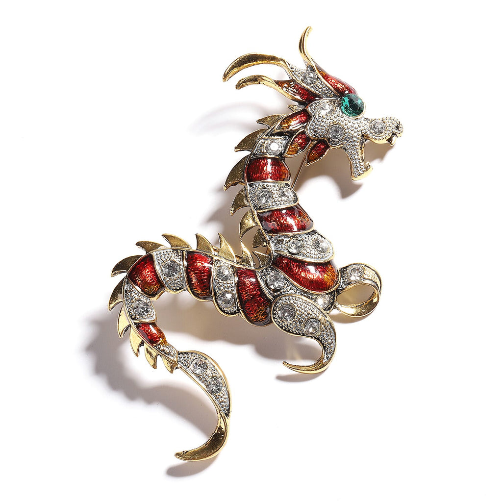Green & White Austrian Crystal Enamelled Dragon Brooch in Yellow Tone