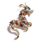 Green & White Austrian Crystal Enamelled Dragon Brooch in Yellow Tone
