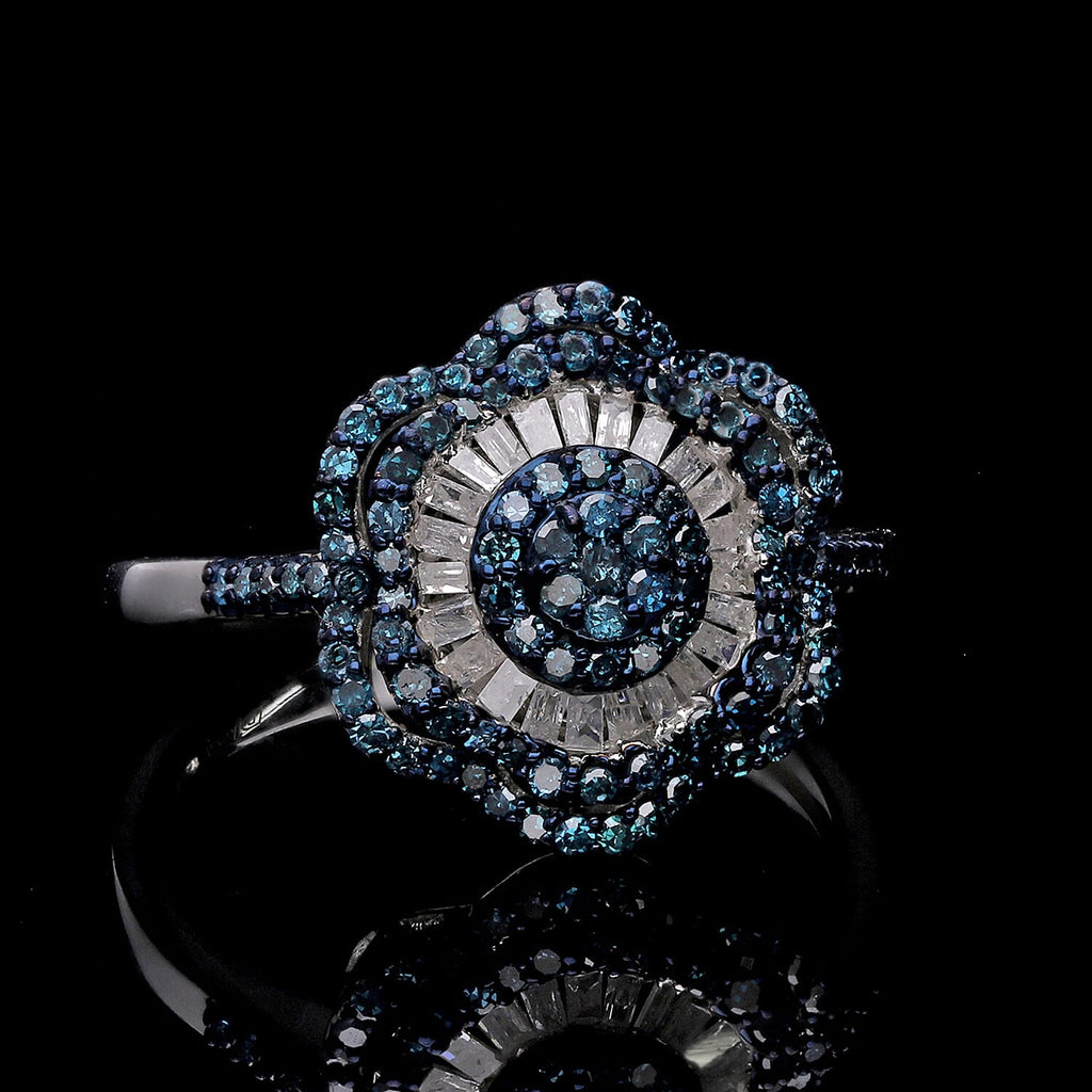 Designer Inspired- Blue Diamond and White Diamond Ring in Platinum Overlay Sterling Silver 1.00 Ct