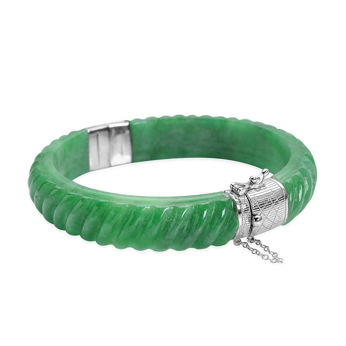 Designer Inspired-Carved Green Jade Bangle  in Rhodium Overlay Sterling Silver 206.50 Ct. 7134681 6