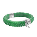 Designer Inspired-Carved Green Jade Bangle  in Rhodium Overlay Sterling Silver 206.50 Ct.