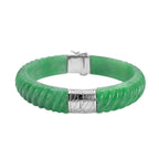 Designer Inspired-Carved Green Jade Bangle  in Rhodium Overlay Sterling Silver 206.50 Ct.