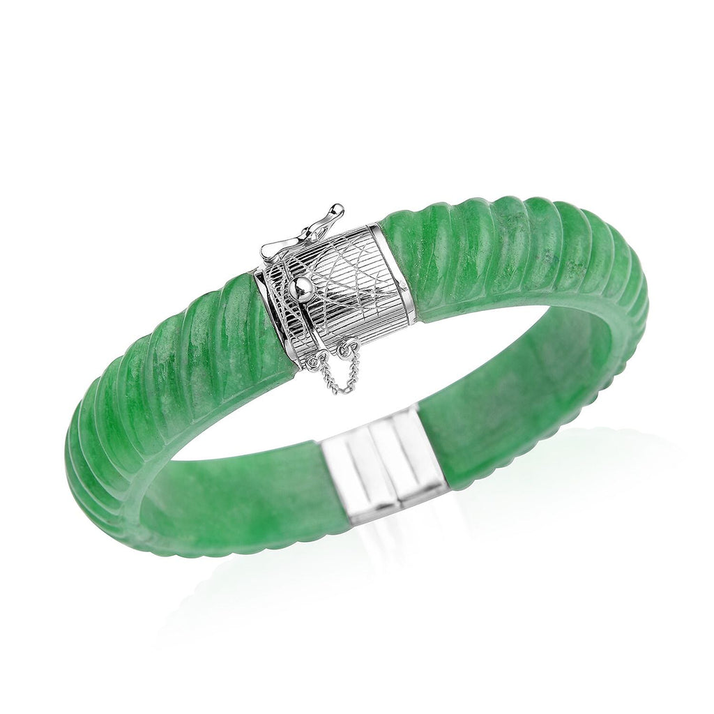 Designer Inspired-Carved Green Jade Bangle  in Rhodium Overlay Sterling Silver 206.50 Ct.
