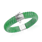 Designer Inspired-Carved Green Jade Bangle  in Rhodium Overlay Sterling Silver 206.50 Ct.
