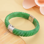 Designer Inspired-Carved Green Jade Bangle  in Rhodium Overlay Sterling Silver 206.50 Ct.