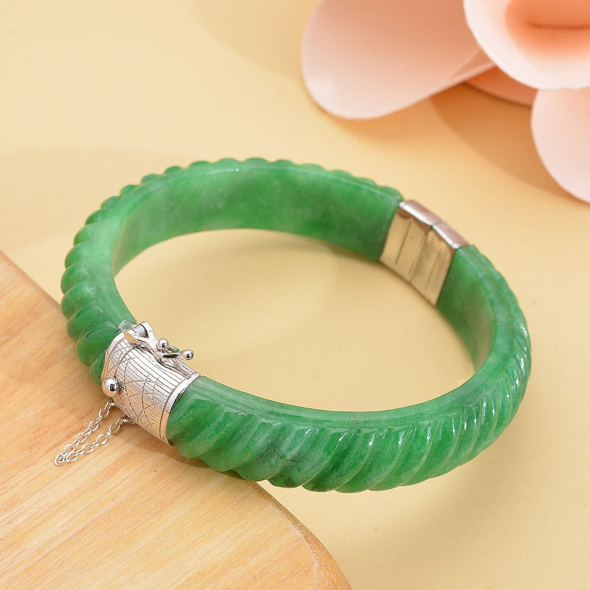 Designer Inspired-Carved Green Jade Bangle  in Rhodium Overlay Sterling Silver 206.50 Ct. 7134681 3